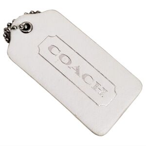 2.5" Coach White Metallic Silver Leather Nickel Hangtag Bag Fob Charm Keychain